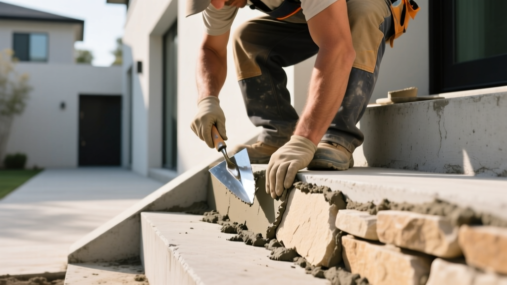 Mason using a pointing trowel to apply polymer-modified mortar to a loose natural stone veneer tread on exterior concrete steps.
