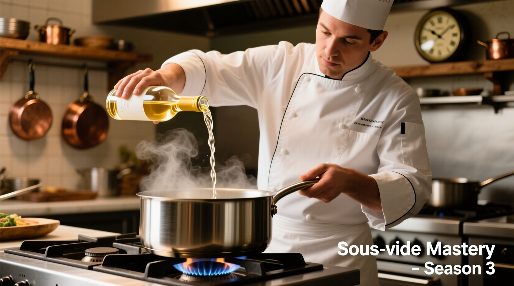 Chef pouring white wine into saucepan for cooking