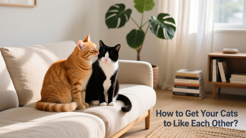 Two cats sitting side by side on a sofa, one grooming the other’s ear, both relaxed and content