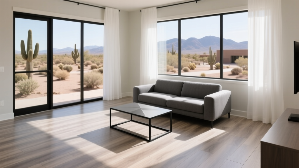Modern luxury vinyl plank flooring installed in an open-concept student apartment living room near the University of Arizona campus