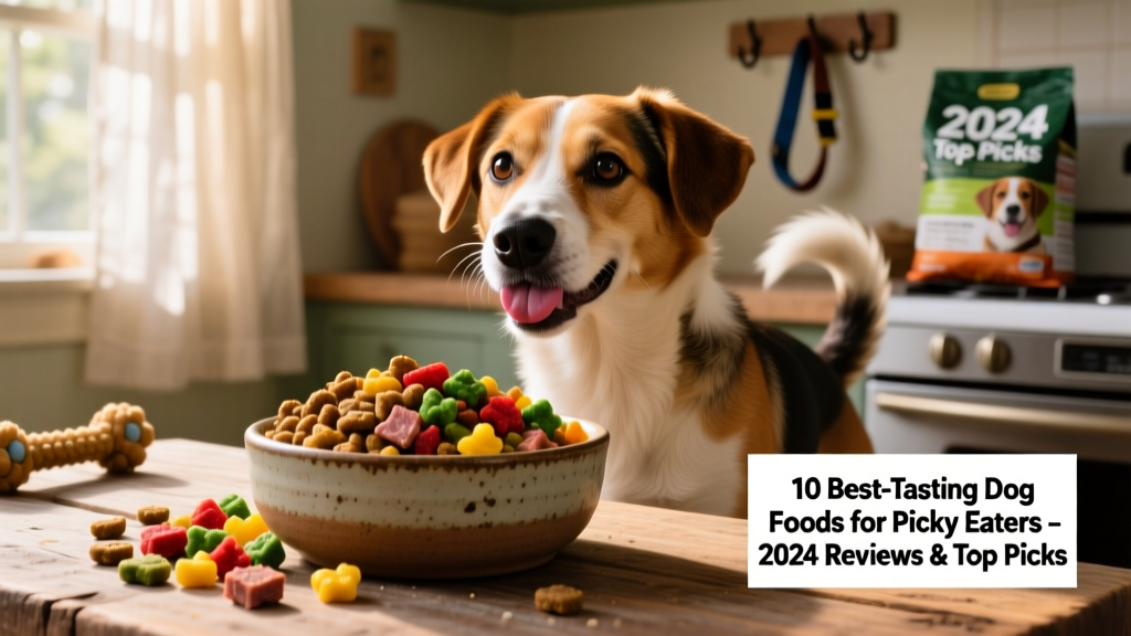 A happy, medium-sized dog eagerly licking its lips while looking at a bowl of fresh, colorful dog food