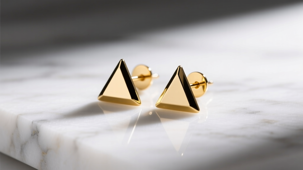 Minimalist 14k solid gold triangular stud earrings resting on white marble, soft studio light highlighting sharp geometric edges