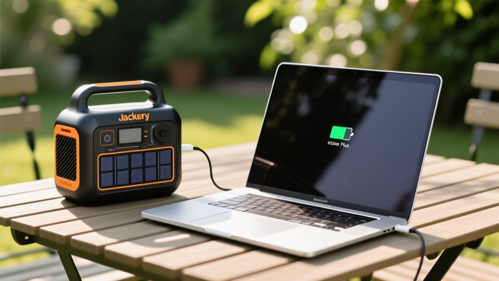 Close-up of the Jackery Explorer 300 Plus solar generator charging a silver laptop outdoors on a sunlit garden table.