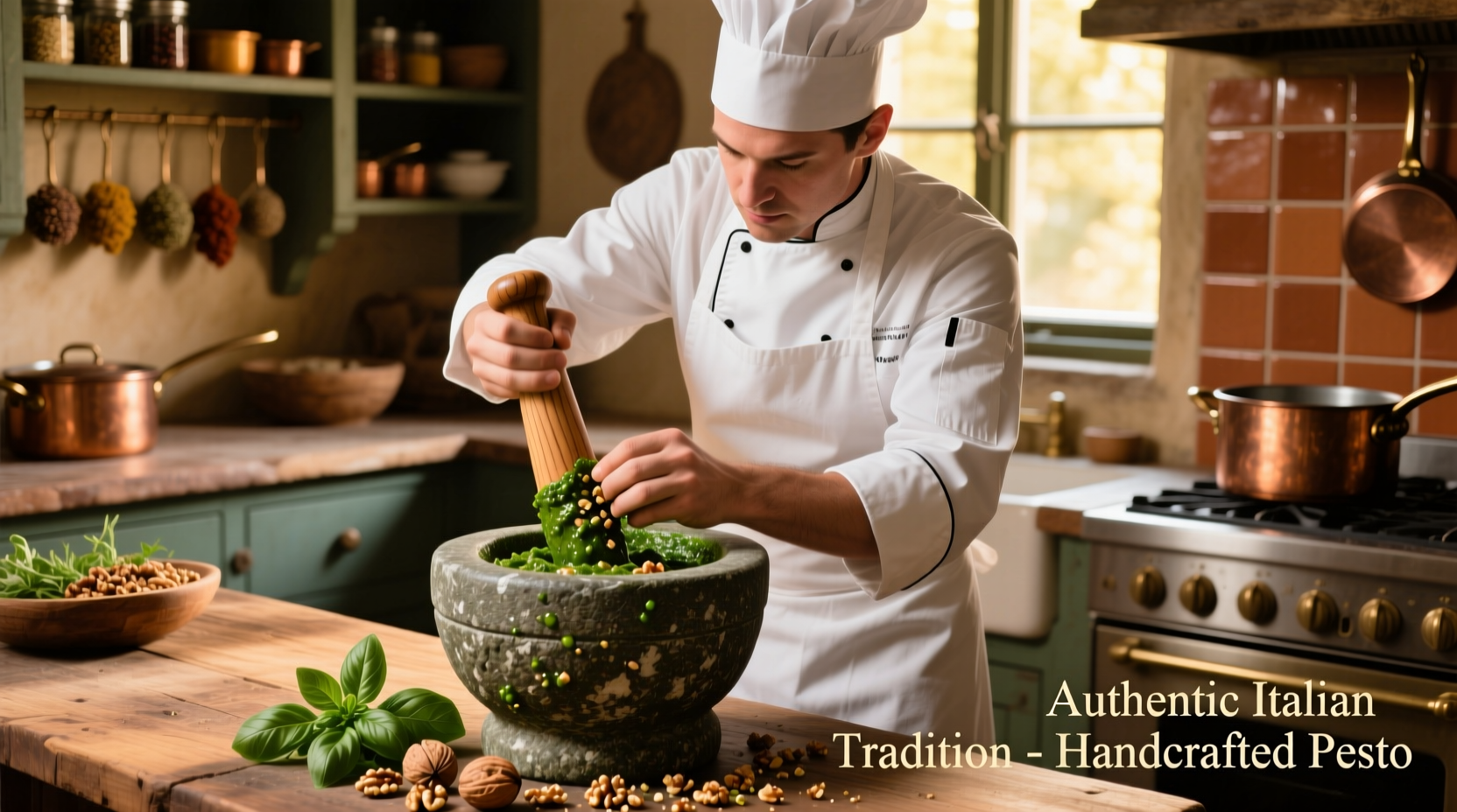 Chef preparing walnut pesto sauce in traditional mortar and pestle