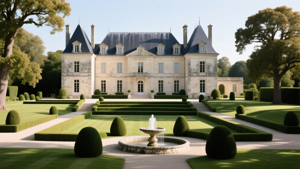 Blueprint of a modern French chateau mega-mansion featuring limestone facades, slate mansard roofs, and sprawling formal estate gardens