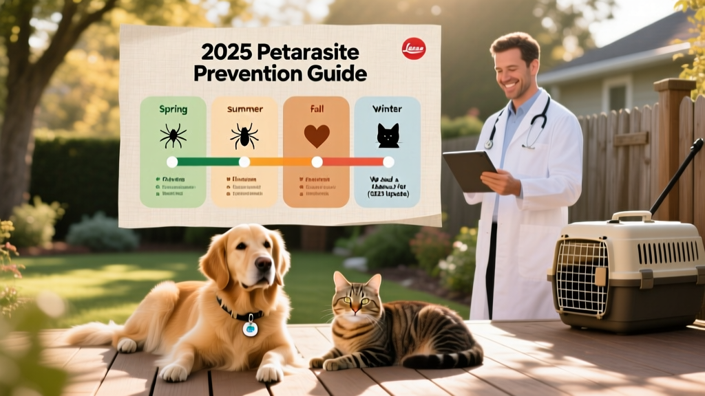 Infographic summarizing seasonal parasite risks and recommended prevention schedule for dogs and cats