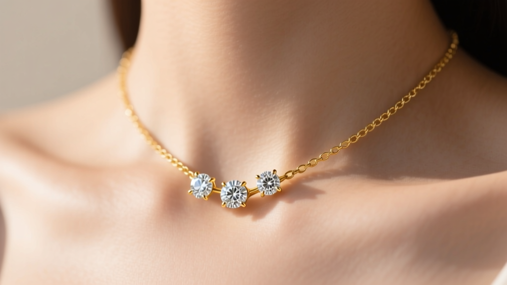 Close-up of a 14k yellow gold trio diamond necklace on a collarbone, three round brilliants in shared prongs, soft lighting.