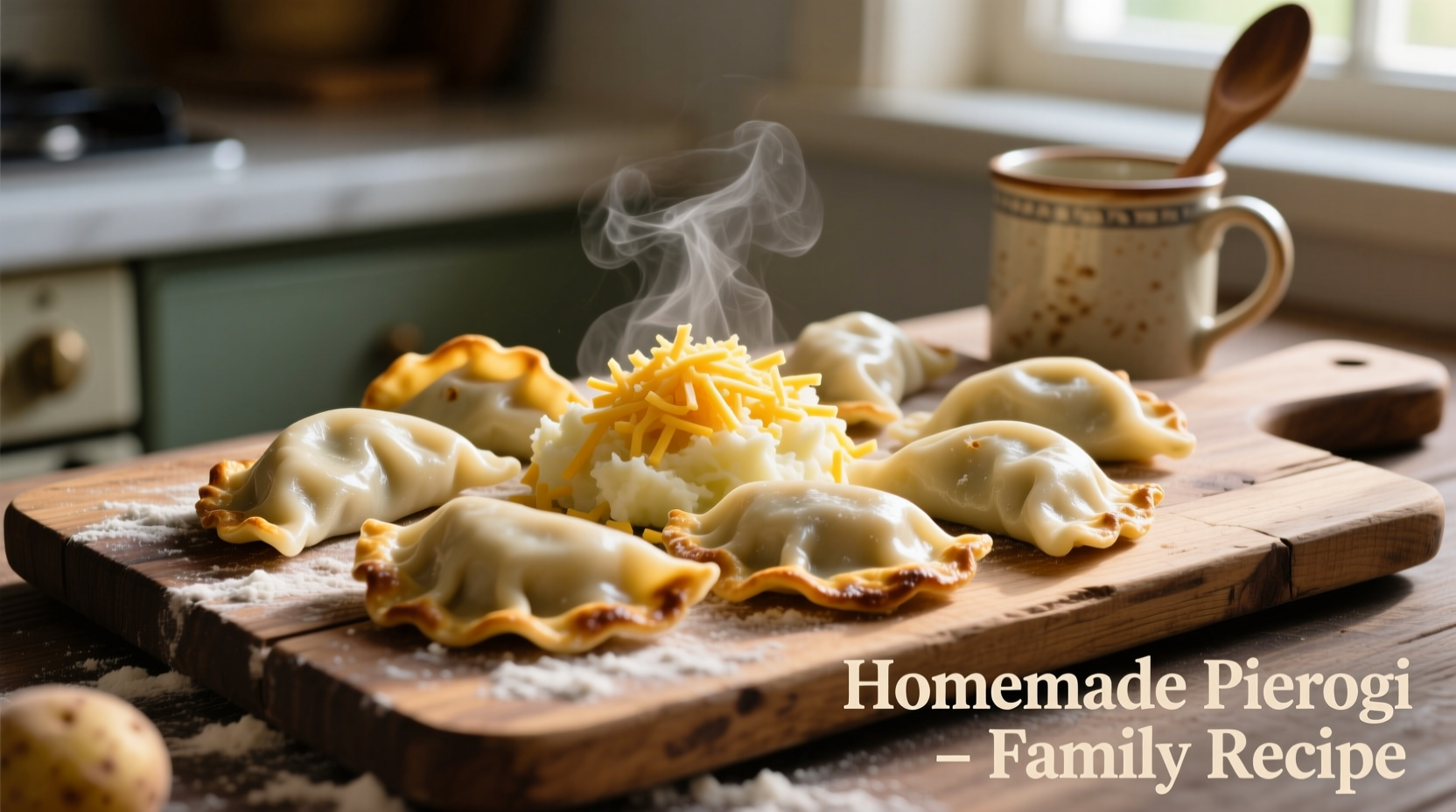 Homemade potato cheese pierogi on wooden board