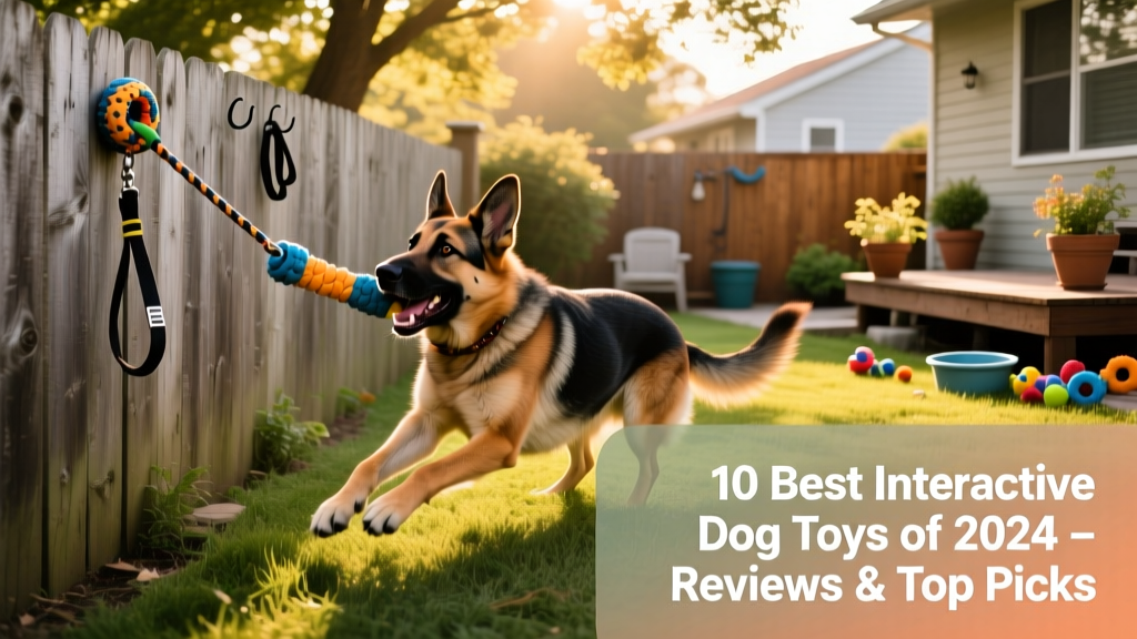 A German shepherd pulling playfully on a bungee-tethered toy attached to a backyard fence