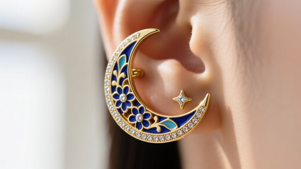 Macro shot of an 18k gold crescent moon ear cuff with micro-pave diamonds and blue Meenakari enamel, worn on a helix piercing.