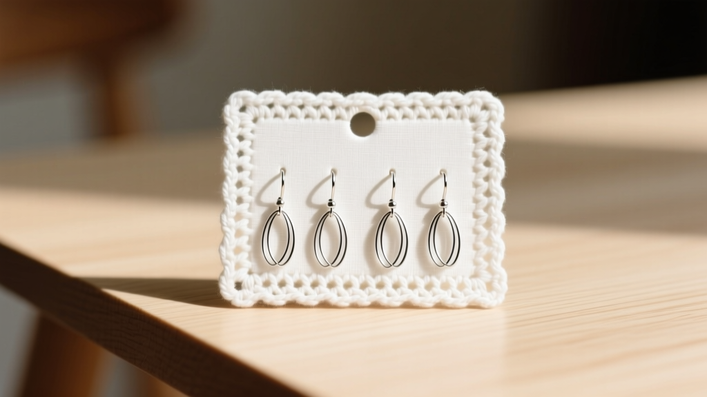 White linen crochet earring card with spaced holes holding 20-gauge silver ear wires on a wooden table in bright light