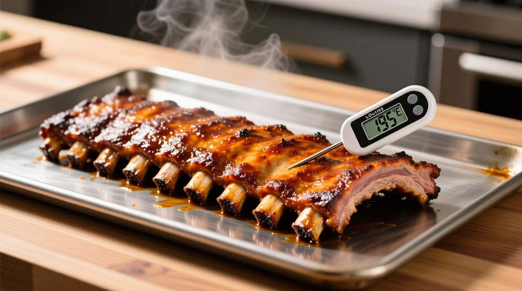 Perfectly cooked St. Louis ribs on baking sheet with thermometer