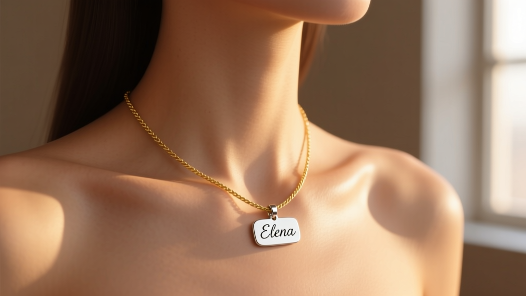 Collarbone shot of a woman wearing a 1.2mm gold rope chain and silver name pendant in warm golden sunlight, soft focus background