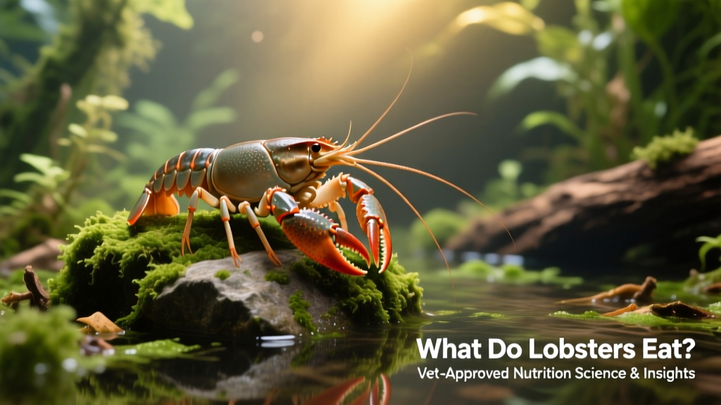 A healthy freshwater crayfish perched on a mossy rock in a clear, planted aquarium with visible algae and organic debris