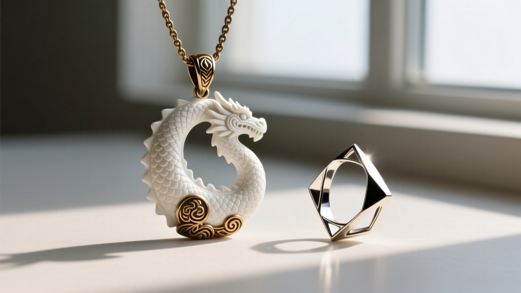 Digital scale showing a heavy solid-cast white bronze Mythosaur pendant next to a lightweight hollow alloy replica jewelry piece