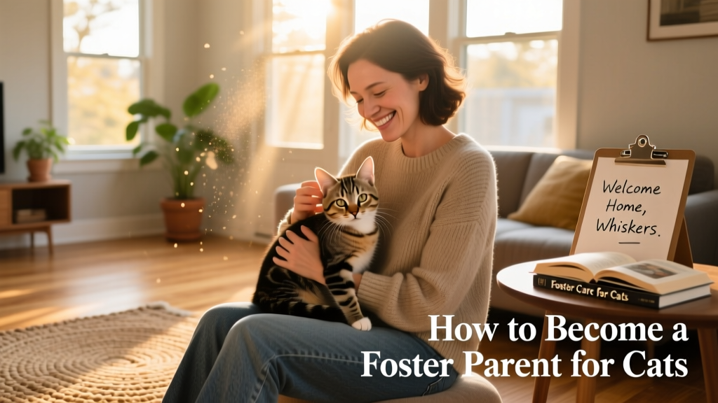 A smiling person gently holding a relaxed kitten on their lap in a sunlit living room