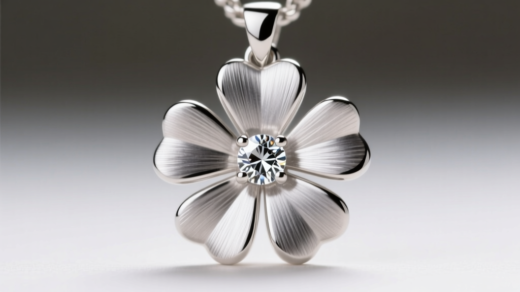Macro shot of a platinum four leaf clover pendant edge, showing dense metal grain and a bezel holding a round brilliant diamond