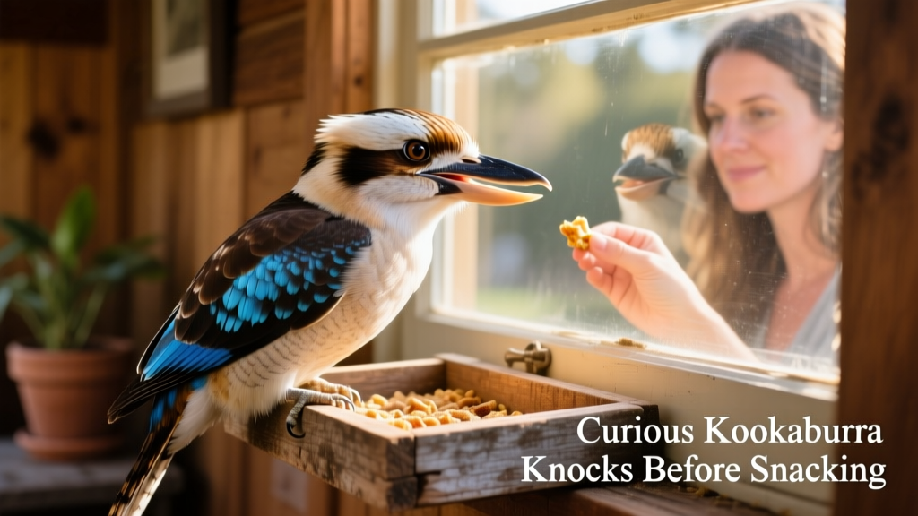 Close-up of a kookaburra perched on a wooden window feeder, beak slightly open