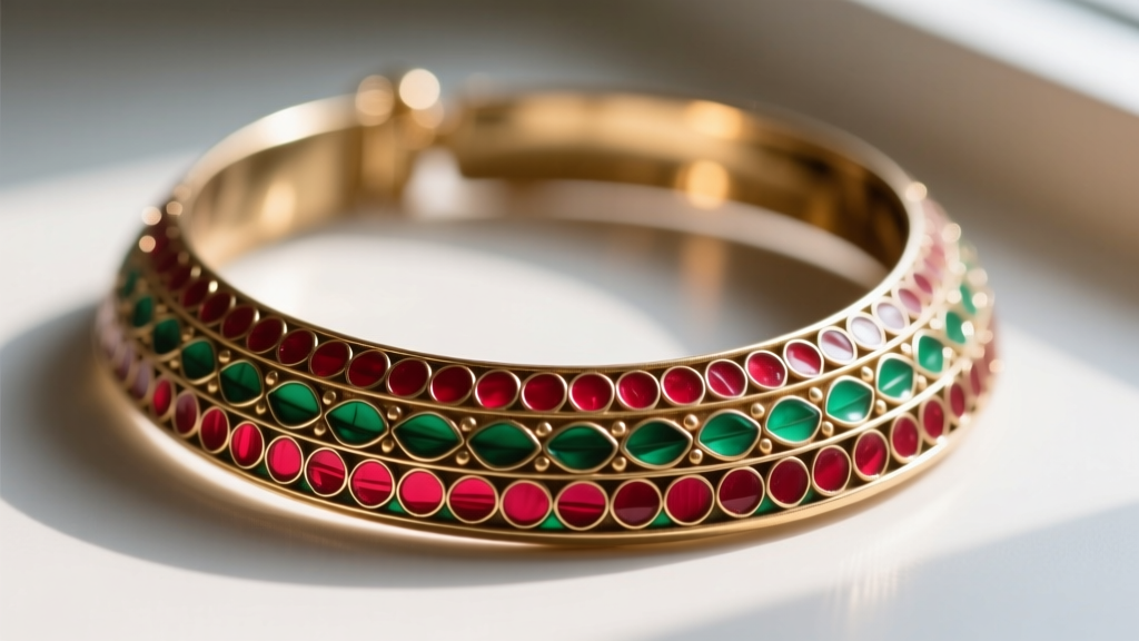 Macro shot of meenakari enamel work in ruby red and emerald green on the inner curve of a rigid brass hasli necklace.