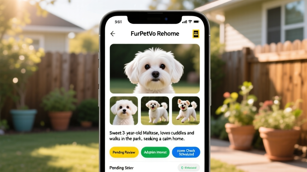 Screenshot of the FurPetVo Rehome dashboard showing a Maltese profile with photos, bio, and application status indicators