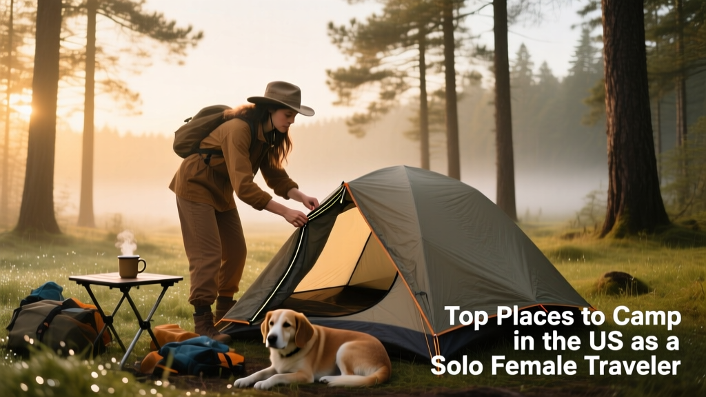 Solo female traveler setting up a tent at sunrise in a peaceful forest clearing