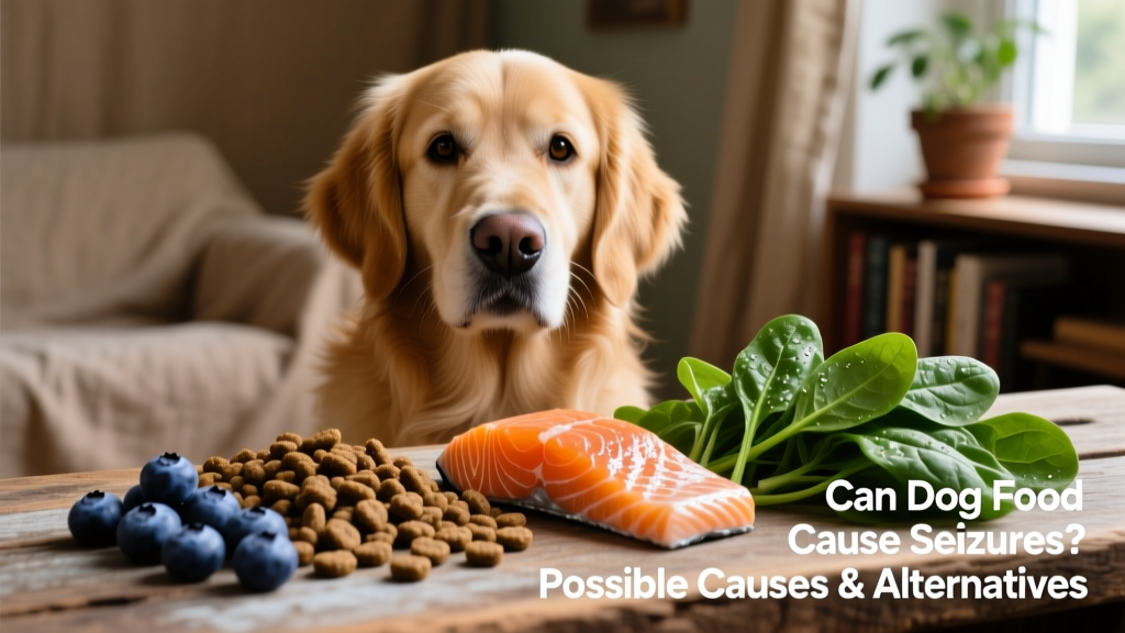 A close-up of high-quality kibble and fresh whole foods like blueberries, salmon, and spinach arranged beside a calm, healthy-looking dog