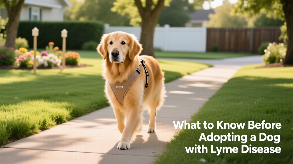 A golden retriever calmly walking on a paved path beside a manicured lawn, wearing a lightweight harness