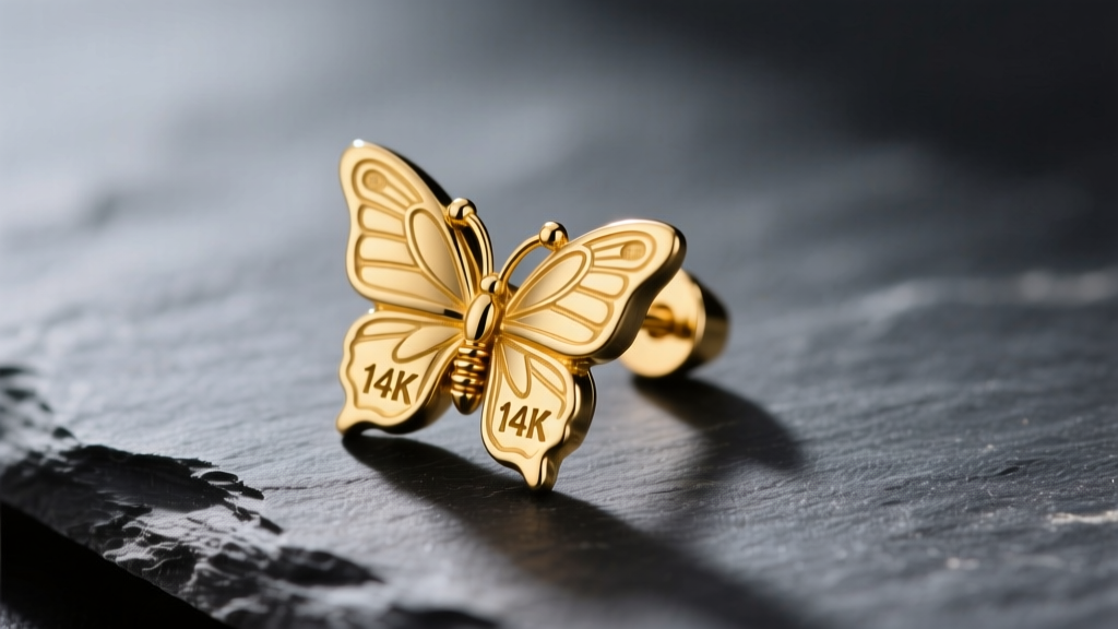 Macro shot of a 14k yellow gold butterfly earring back on dark slate, showing precise stamping and inner tension springs clearly