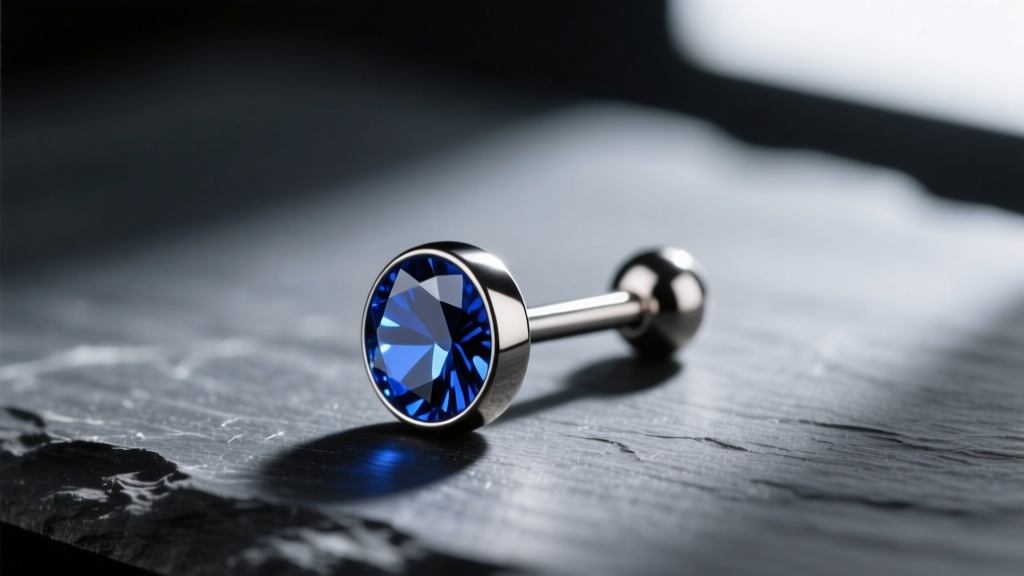 Macro shot of a titanium flat back labret stud with a 4mm spherical end resting on dark slate under dramatic side lighting