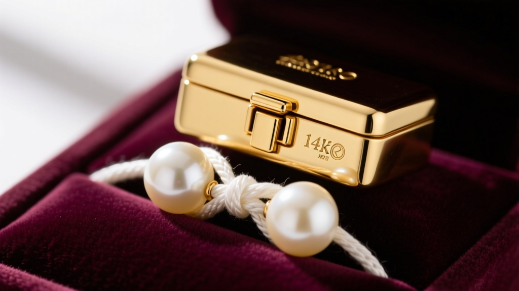 Detailed view of a 14k yellow gold box clasp with safety catch and white silk hand-knotting between cream pearls on a velvet pad