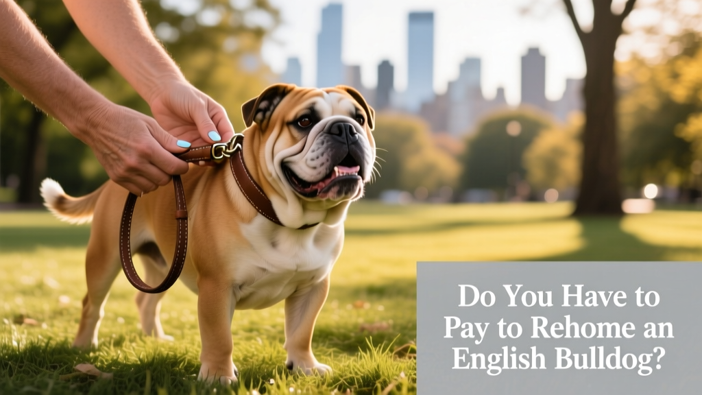 Two hands gently holding a leash attached to a calm, smiling English Bulldog outdoors