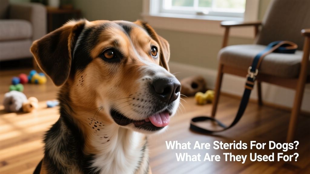 Close-up of a dog’s face showing subtle signs of steroid-related side effects: mild panting and slightly thinning fur around the neck