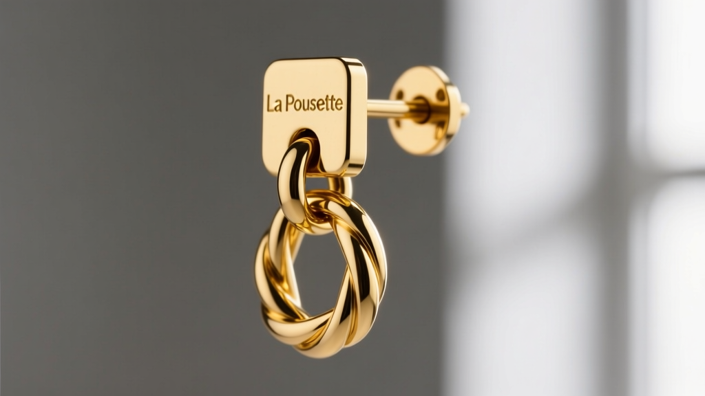 Extreme close-up of a secure La Pousette earring back on a heavy 14k gold drop earring post, showing the interlocking grooves