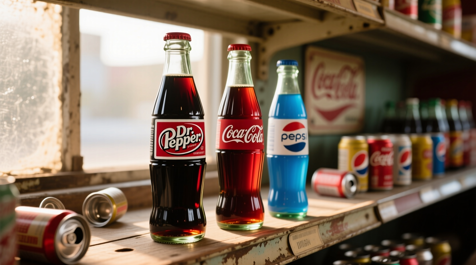 Dr. Pepper bottle next to Coke and Pepsi
