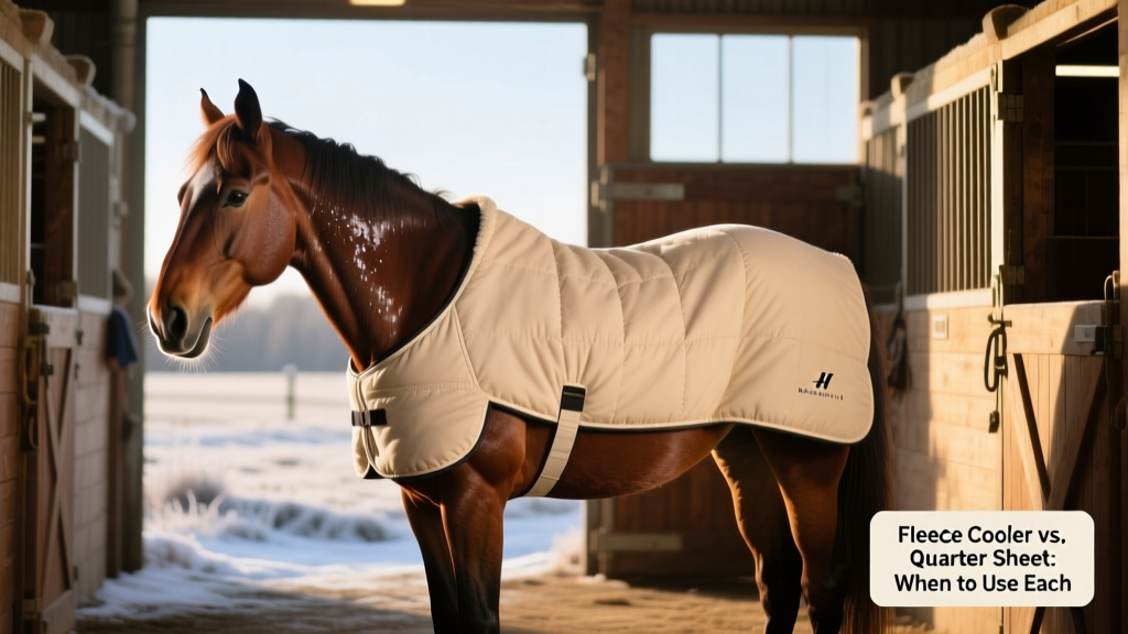 A horse wearing a fleece cooler after a winter ride, standing calmly in a barn aisle