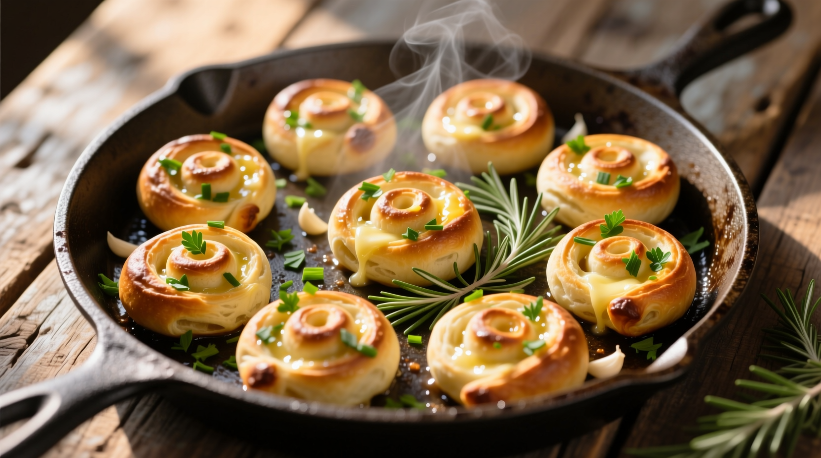 Golden garlic twists on baking sheet with fresh herbs