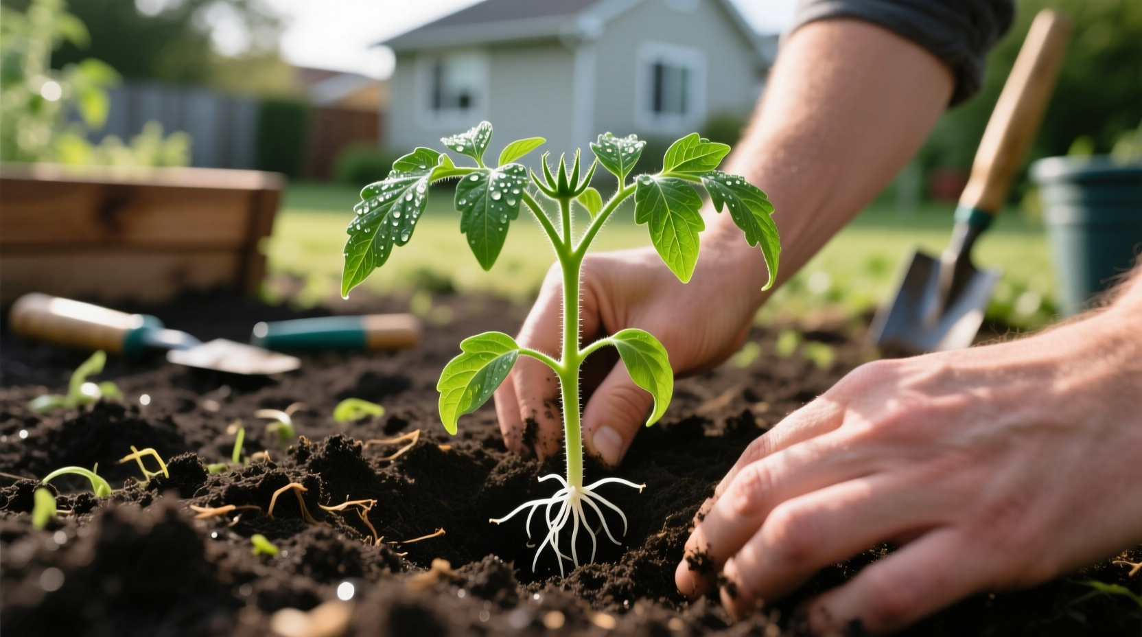 Healthy tomato seedling being planted in garden soil