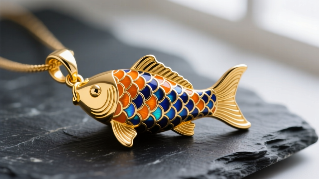 Macro shot of 18k yellow gold koi pendant with guilloché enamel scales in vibrant orange and cobalt blue, resting on dark slate.