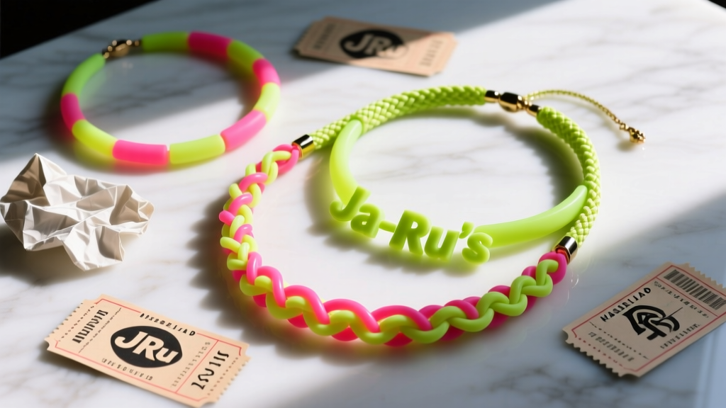 Flat lay of Ja-Ru trendy band necklaces in neon silicone and woven elastic, styled with concert tickets on a white marble surface