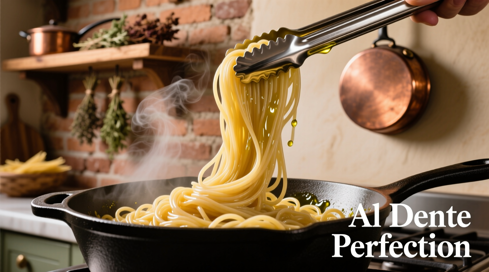 Perfectly cooked al dente spaghetti in a pot with tongs