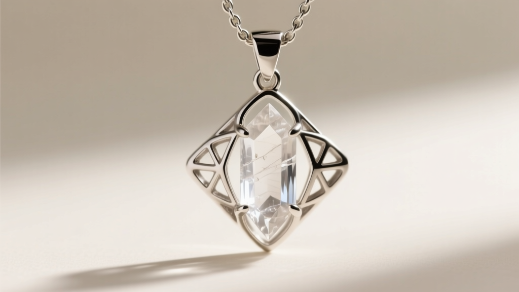 Macro shot of a sterling silver cast rift pendant showing detailed prong tension holding a raw, uncut clear quartz point in place.