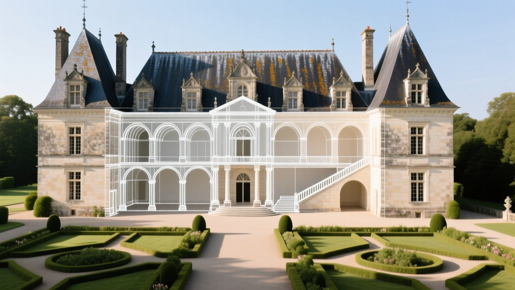 Architectural blueprint overlay on a massive French Renaissance chateau with limestone facades, steep slate roofs, and formal gardens