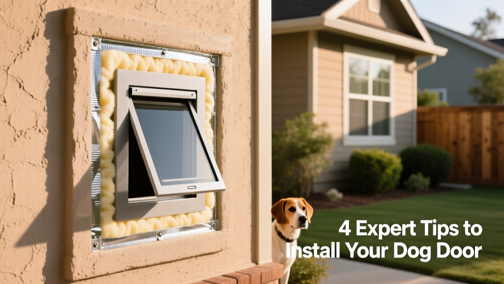 Side view of a properly installed wall-mounted dog door with flashing and insulation visible around the frame