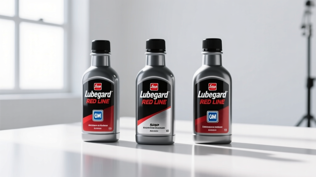 Three bottles of limited slip friction modifier additives arranged side by side showing Lubegard Red Line and GM OEM labels