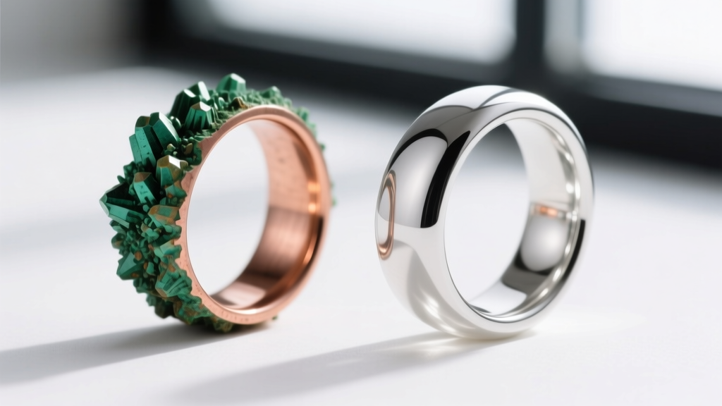 Macro comparison of a raw copper ring showing green oxidation next to the same ring sealed with a clear protective polymer coating