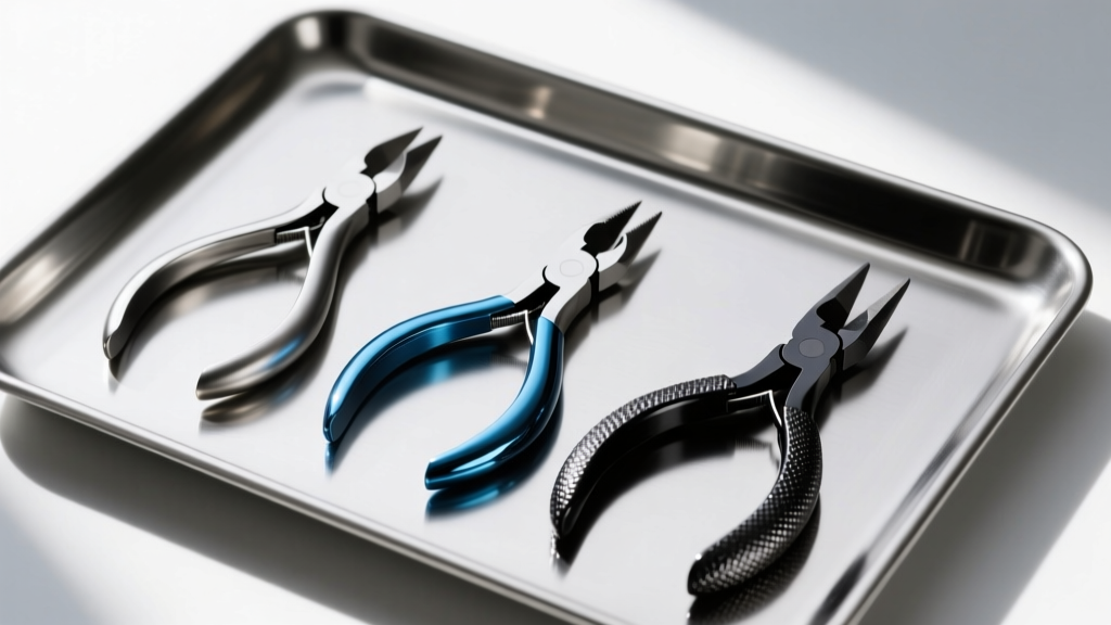 Flat lay of three jewelry pliers: basic steel, titanium-coated, and tungsten, arranged neatly on a sterile metal piercing tray.