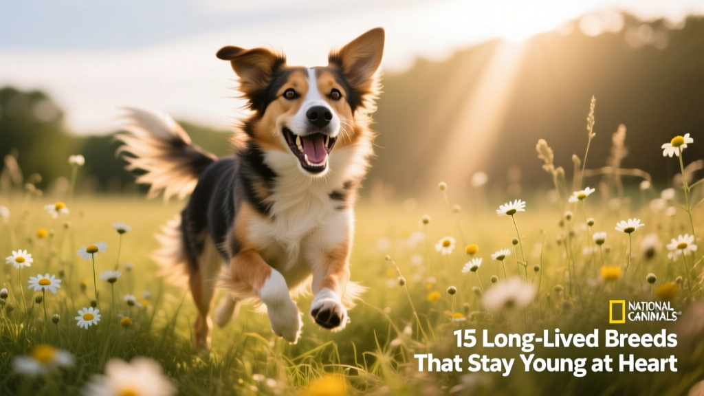A happy, energetic mixed-breed dog running through a meadow with ears flying