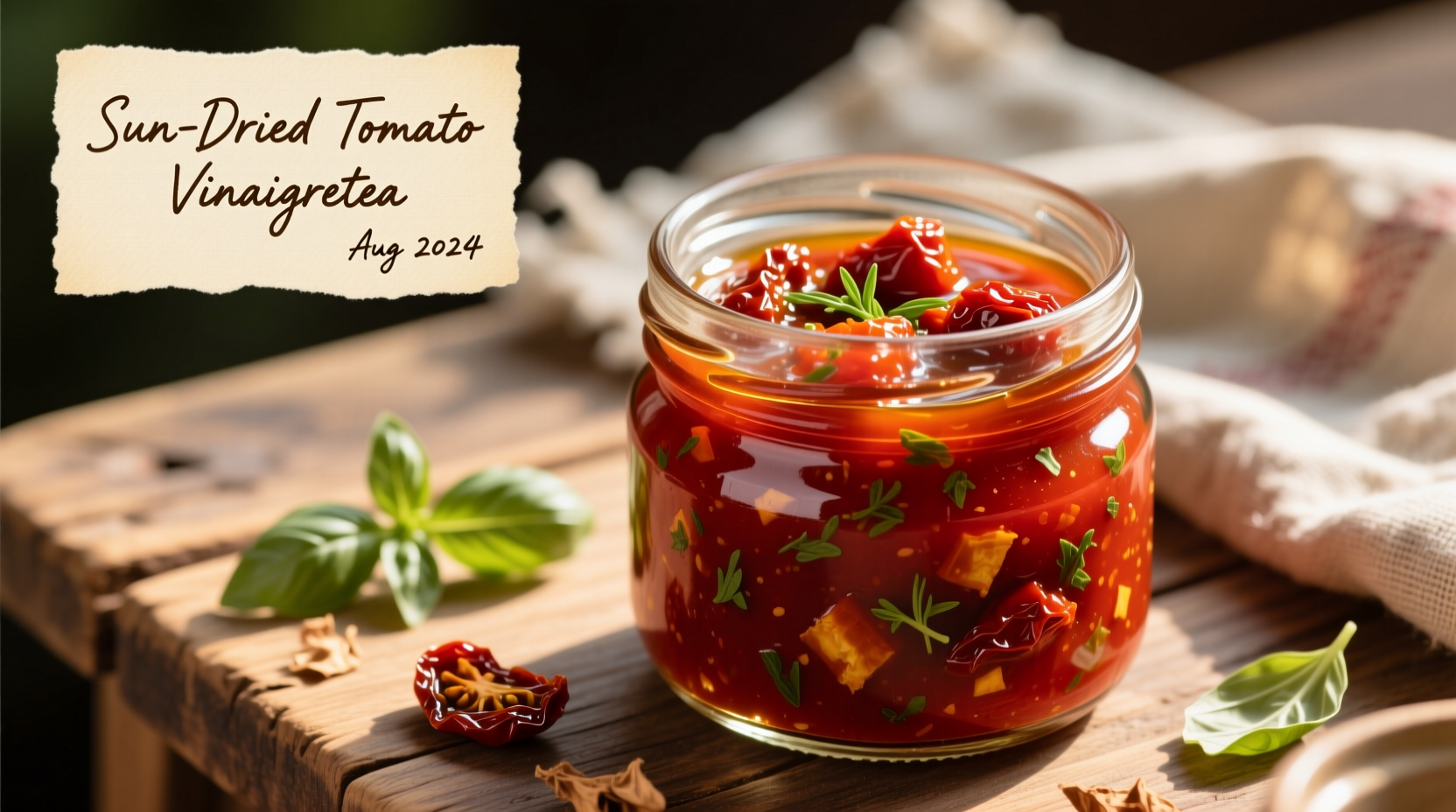 Homemade sun dried tomato vinaigrette in glass jar