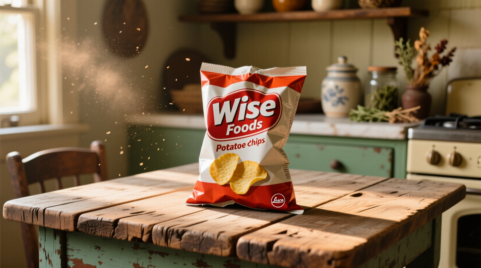 Wise Foods potato chips bag on wooden table