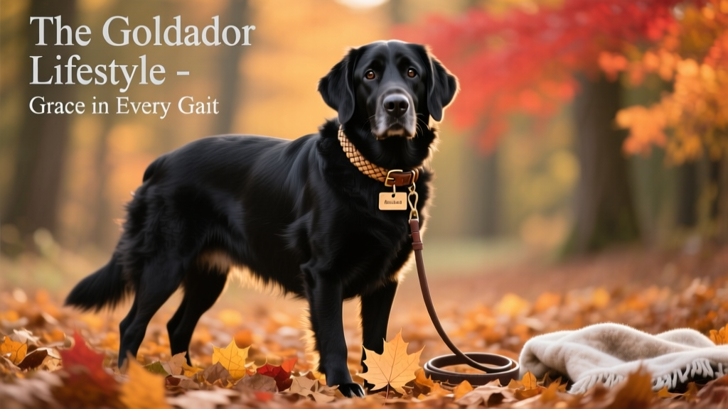 black goldador standing near fall leaves